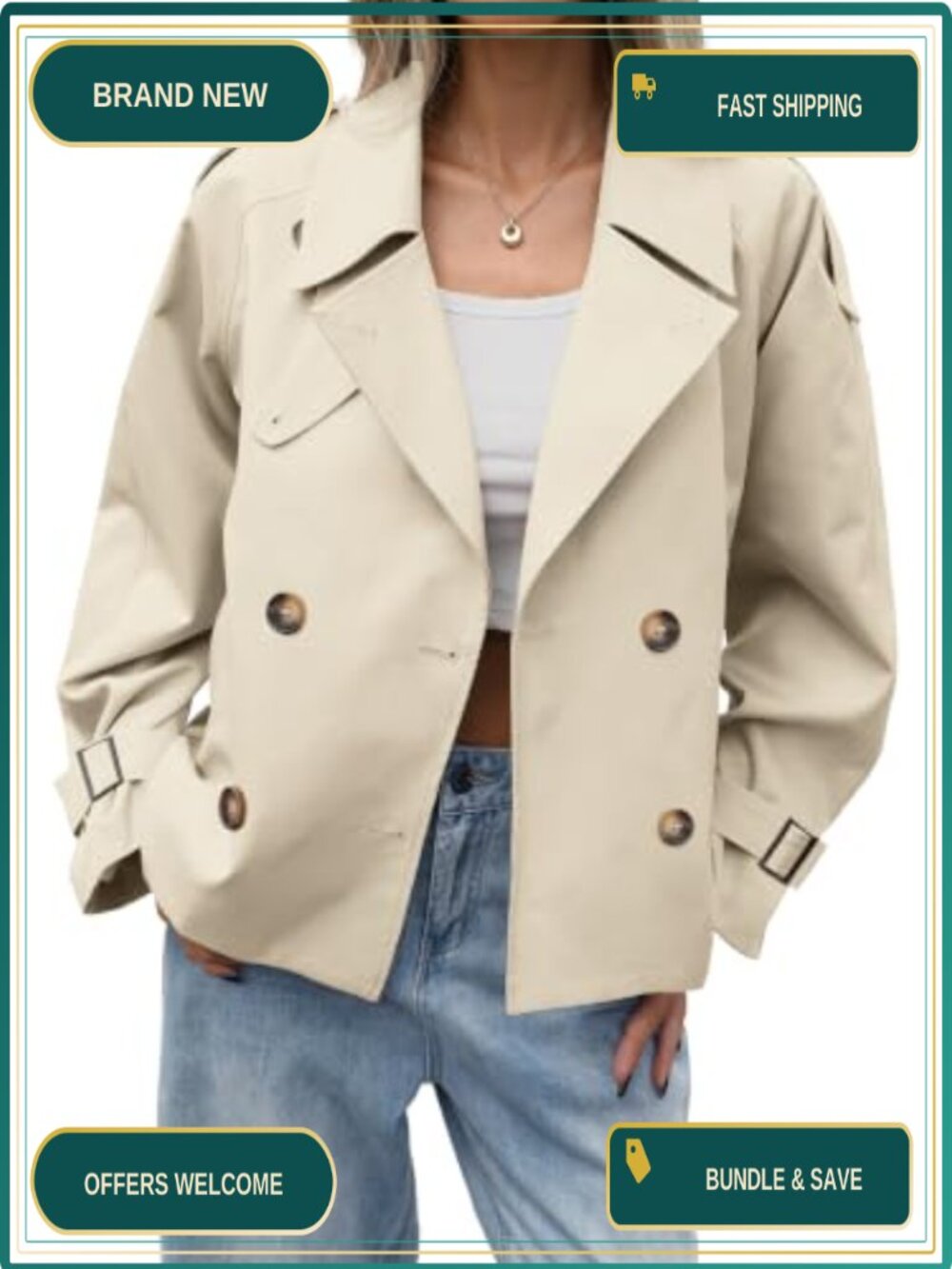 Womens Cropped Trench Coat Double Breasted Fall Jacket